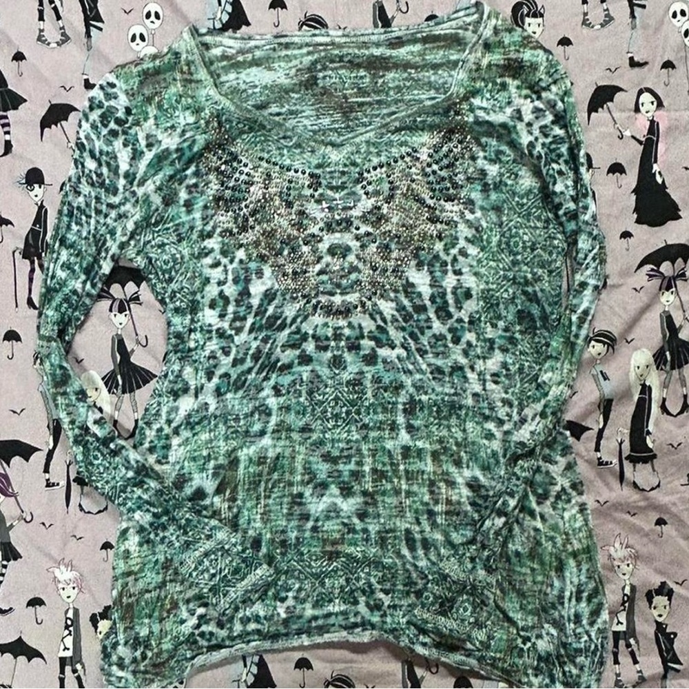 Y2K Rhinestoned Animal Print Green Long Sleeve V-Neck Shirt